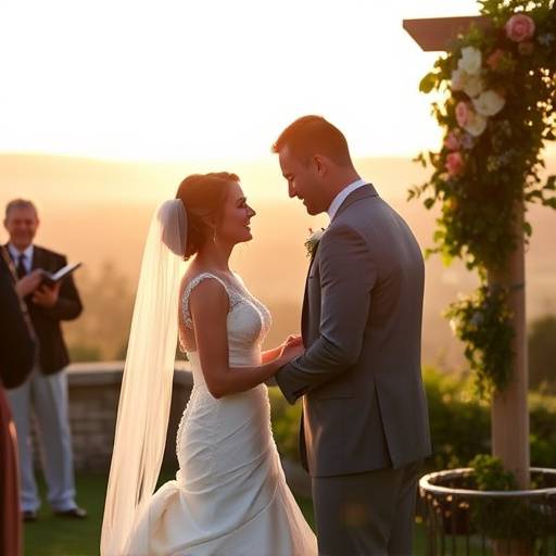 A beautiful wedding photograph of a bride and groom exchanging vows in a picturesque outdoor setting.