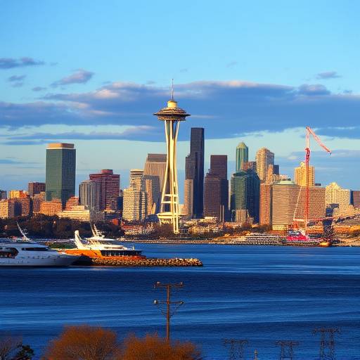 A breathtaking landscape photograph of the Seattle skyline with Puget Sound in the foreground.
