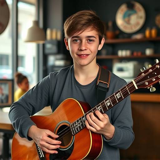 A candid portrait of a young musician playing guitar in a Seattle coffee shop.