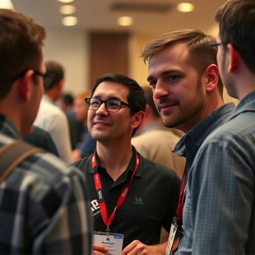 A candid shot of attendees networking at a tech conference in downtown Seattle.
