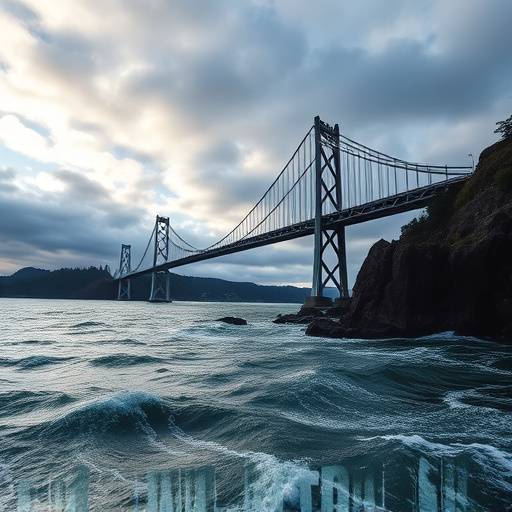 A dramatic image of Deception Pass Bridge, with swirling waters below and a cloudy sky above.