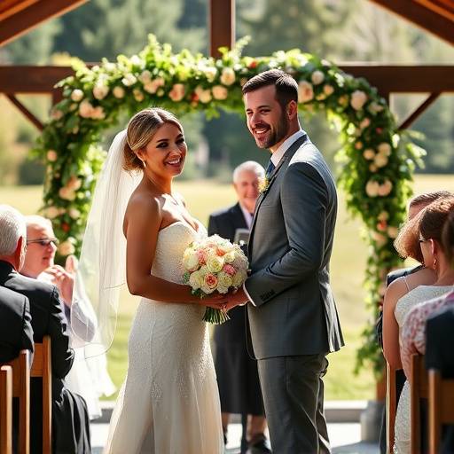 A joyful photograph of a bride and groom during their wedding ceremony at a Seattle winery.