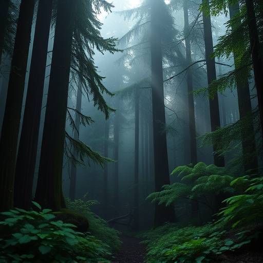 A moody photograph of the Hoh Rainforest in Olympic National Park, showcasing the lush greenery and misty atmosphere.
