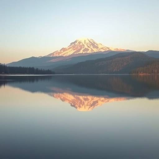A panoramic view of Mount Rainier reflected in a calm lake.