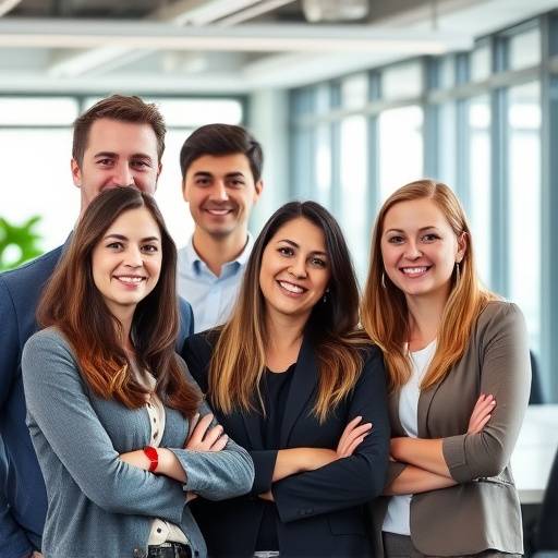 A professional corporate headshot of a team of employees at a Seattle startup.
