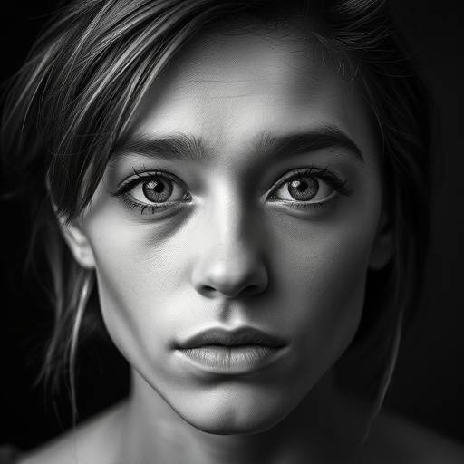 A striking black and white portrait of a Seattle artist, highlighting their unique expression.