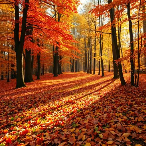 A vibrant autumn scene in Discovery Park, with colorful leaves covering the forest floor.
